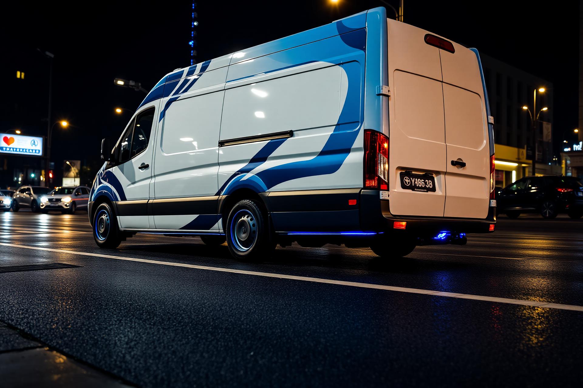 Branded delivery van wrapped in blue and silver vinyl